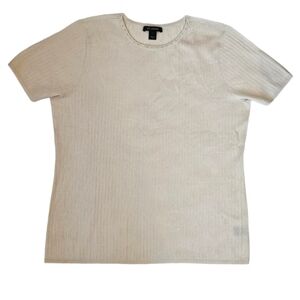 St. John Studded Neck line Ribbed Top Cream Short Sleeve Shirt